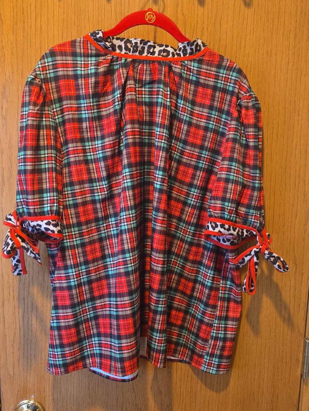 Jess Lea 3X Plaid with Leopard Trim Short Sleeve Blouse Worn Once
